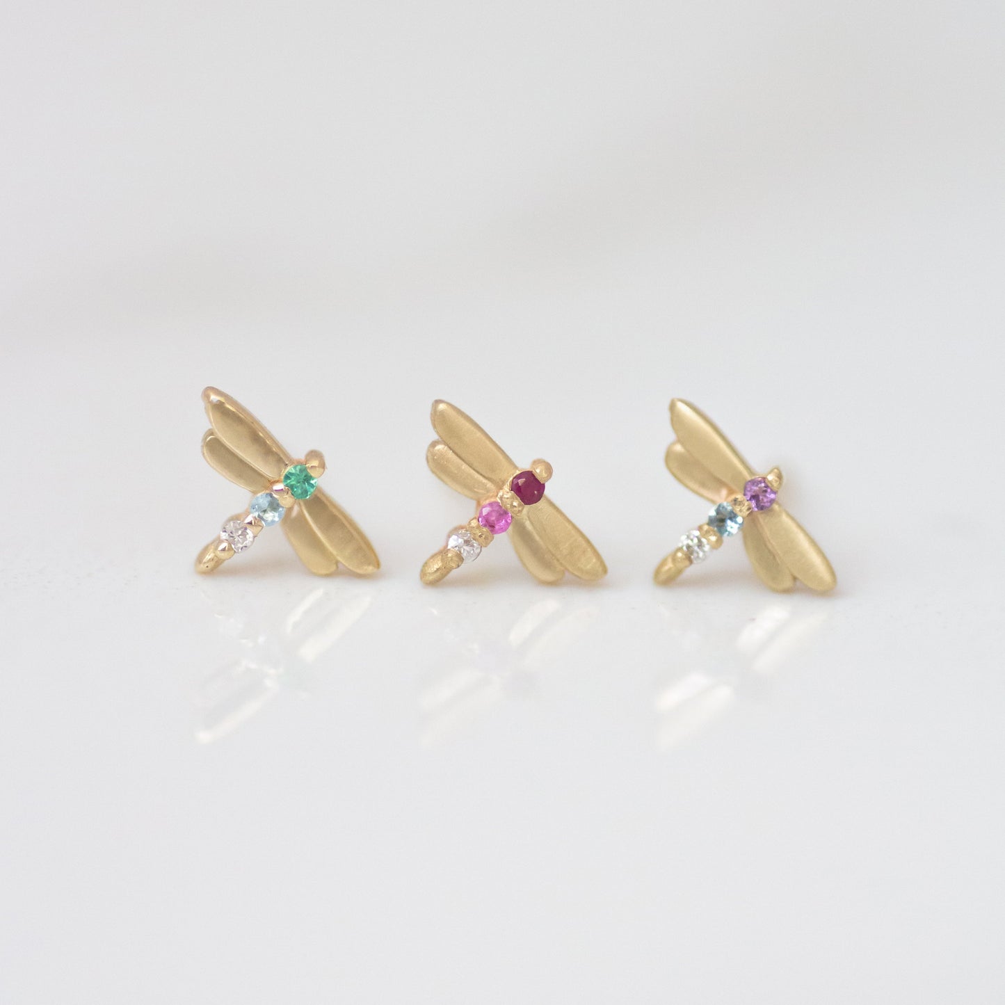 Dragonfly earring stud 14k gold - Ruby