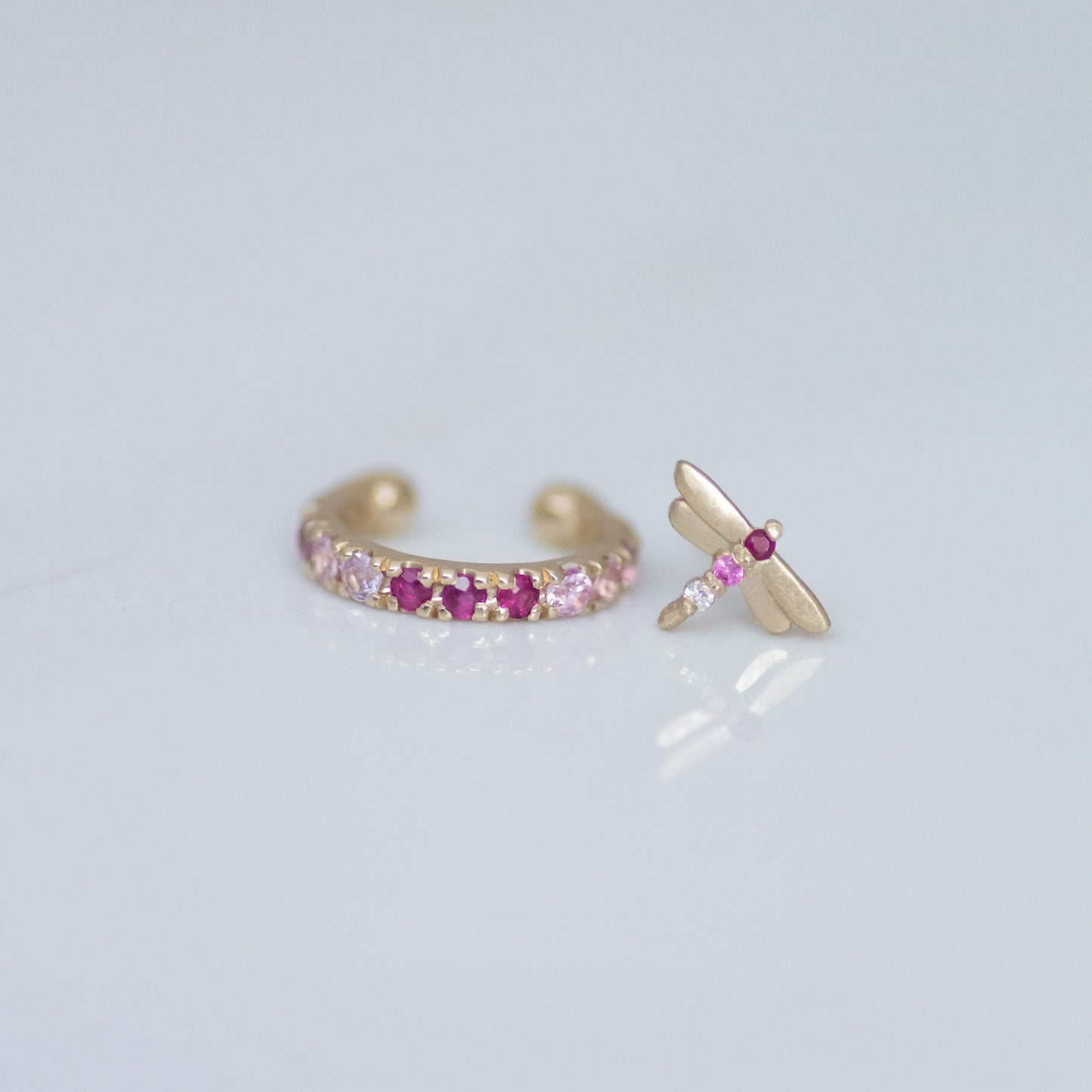 Dragonfly earring stud 14k gold - Ruby