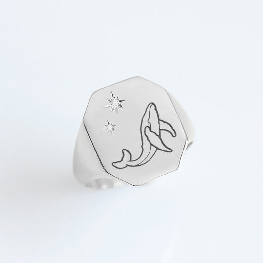 Whale & Stars signet ring silver