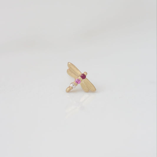 Dragonfly earring stud 14k gold - Ruby