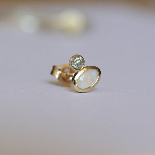 Opal & Green sapphire earring stud 14k gold