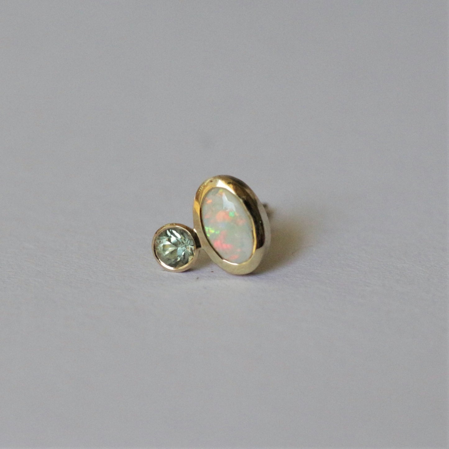 Opal & Green sapphire earring stud 14k gold