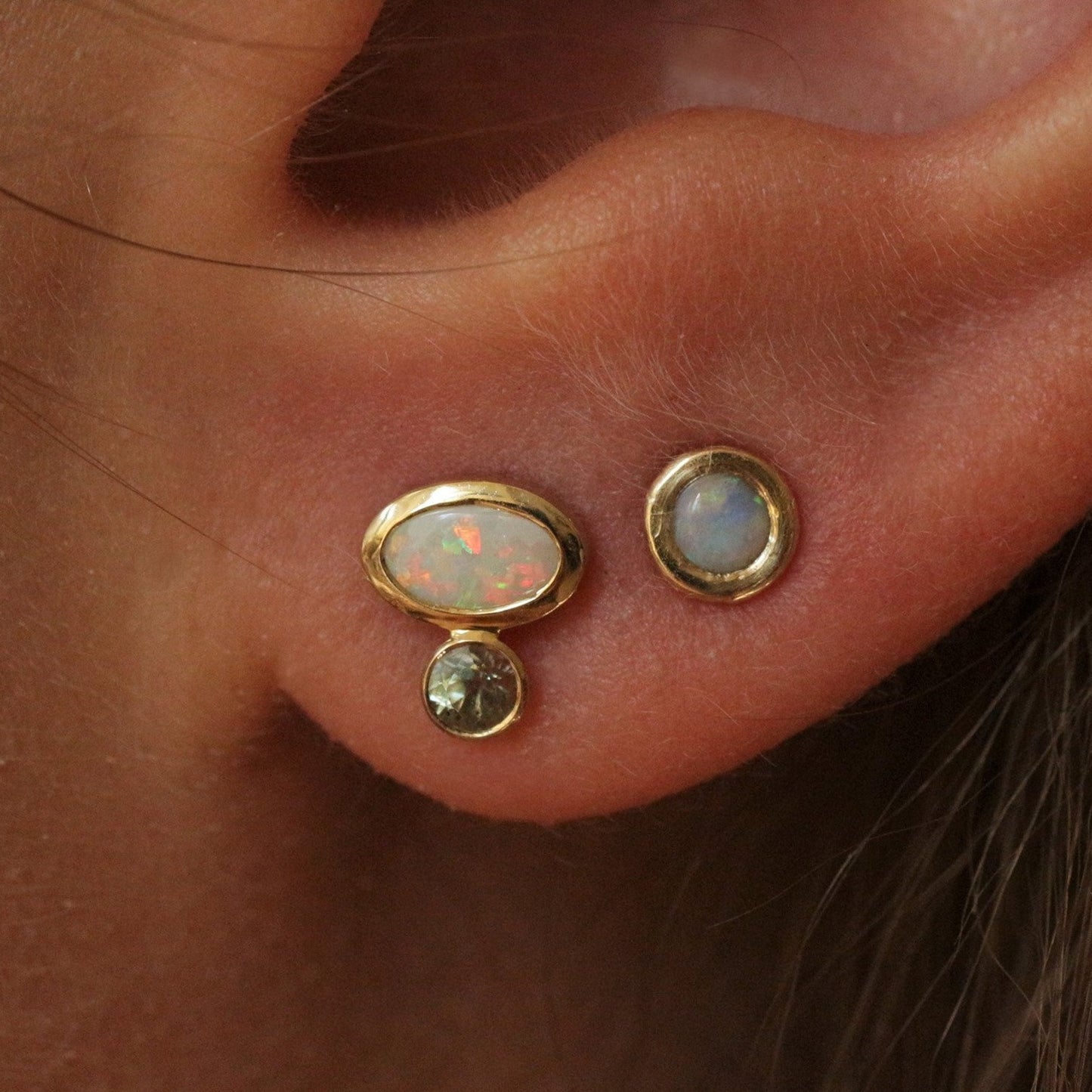 Opal & Green sapphire earring stud 14k gold